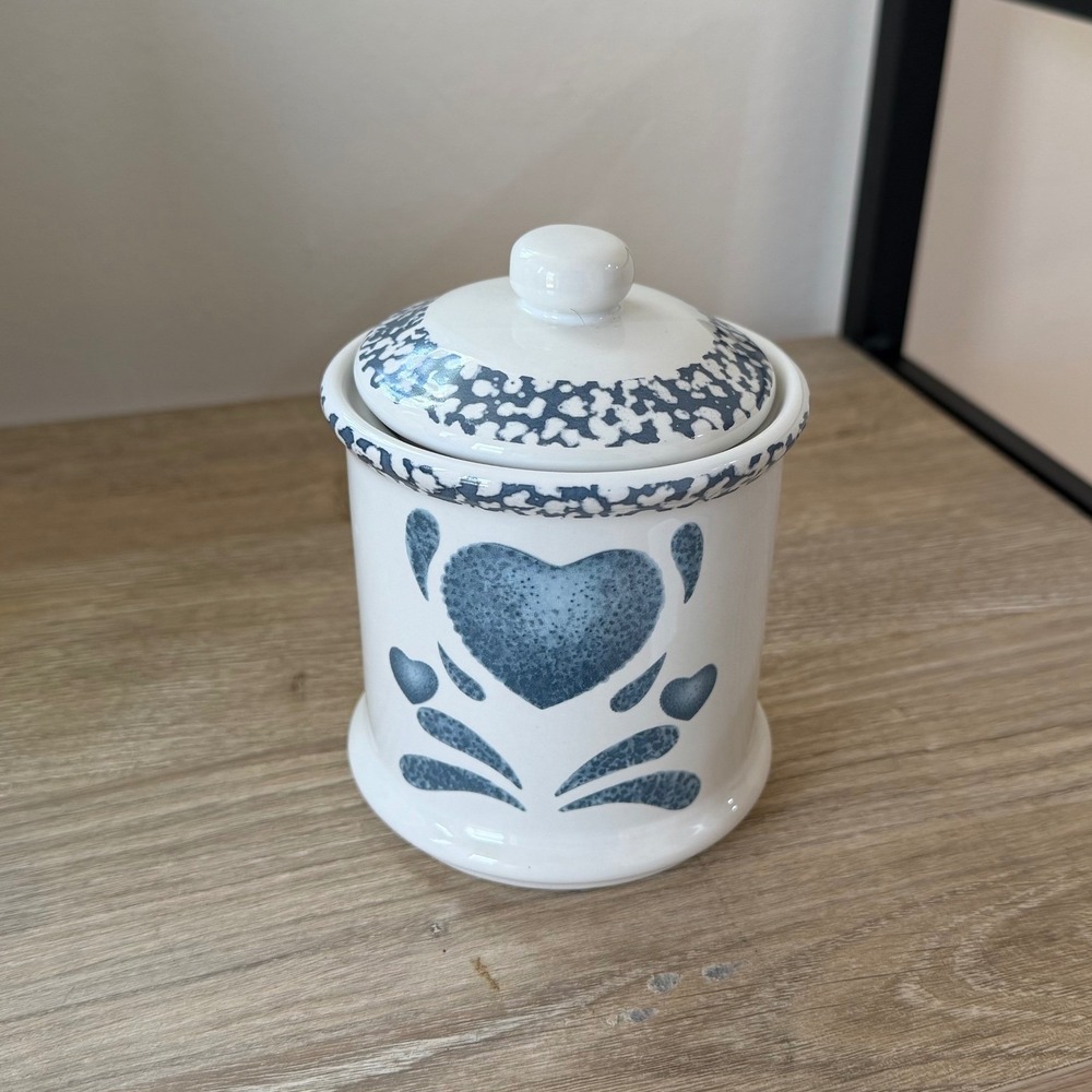 Jay Import Blue Heart Spongeware Ceramic Canister with Lid White Farmhouse Jar